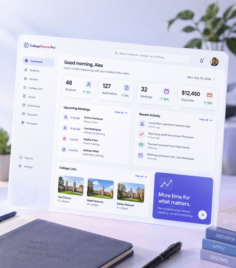 The CollegePlannerPro dashboard open on a tablet propped on a consultant&rsquo;s desk.