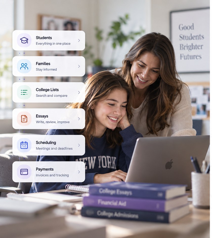 A parent and student at a laptop together, with the CollegePlannerPro feature list shown alongside them.